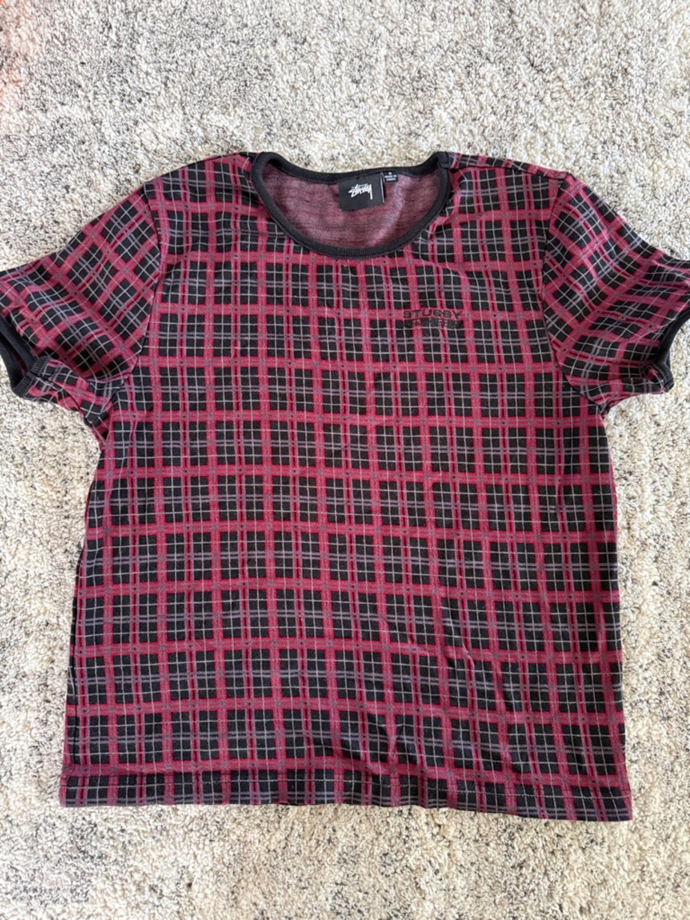 Stussy Red and Black Plaid Short Sleeve Tee